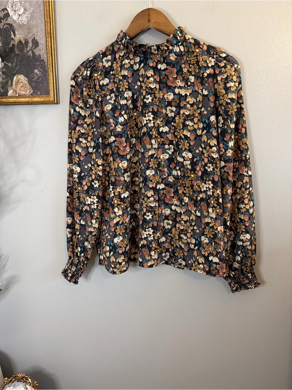 Les Amis Floral Mock Neck Blouse Small | Smocked Cuffs Cottagecore Boho Fall - Picture 3 of 8